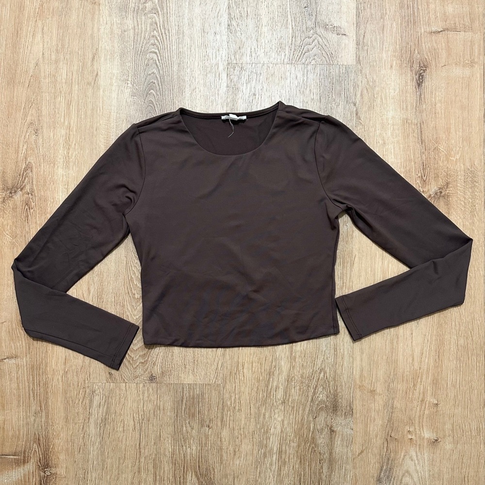 LILLY LOVES | Women's‎ Brown Long Sleeve Crop Smoothing Fitted Crop Top, Size XS